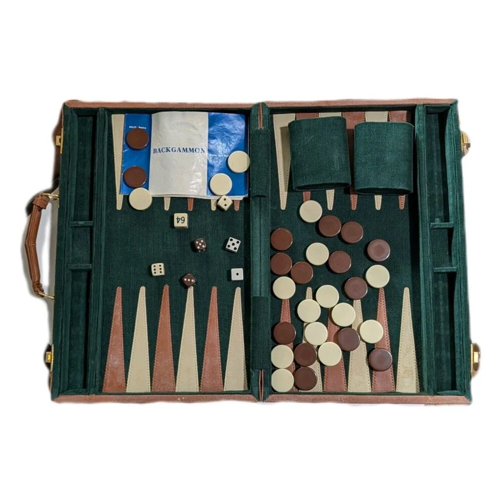 Vintage Corduroy Backgammon Set Briefcase Style Green Tan Board Game